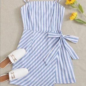 SHEIN Wrap Tie Side Striped Cami Dress, Blue and White, Size Small